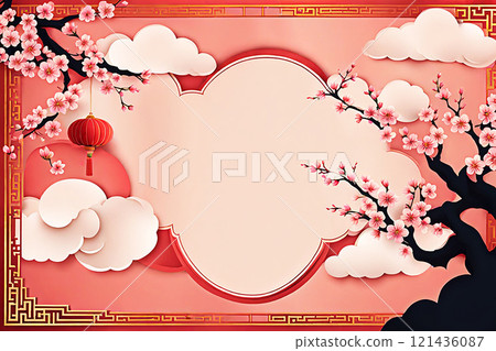 Chinese new year background banner with Chinese paper lanterns,peach blossom, peony,red tone. Chinese new year background banner with Chinese paper lanterns,peach blossom, peony,red tone. 121436087