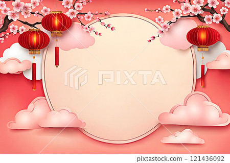 Chinese new year background banner with Chinese paper lanterns,peach blossom, peony,red tone. Chinese new year background banner with Chinese paper lanterns,peach blossom, peony,red tone. 121436092