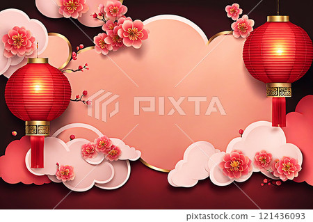 Chinese new year background banner with Chinese paper lanterns,peach blossom, peony,red tone. Chinese new year background banner with Chinese paper lanterns,peach blossom, peony,red tone. 121436093