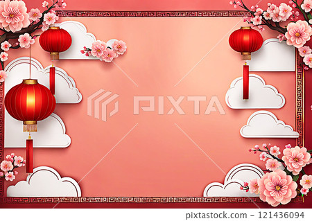 Chinese new year background banner with Chinese paper lanterns,peach blossom, peony,red tone. Chinese new year background banner with Chinese paper lanterns,peach blossom, peony,red tone. 121436094