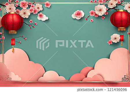 Chinese new year background banner with Chinese paper lanterns,peach blossom, peony,red tone. 121436096