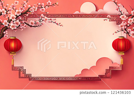 Chinese new year background banner with Chinese paper lanterns,peach blossom, peony,red tone. 121436103