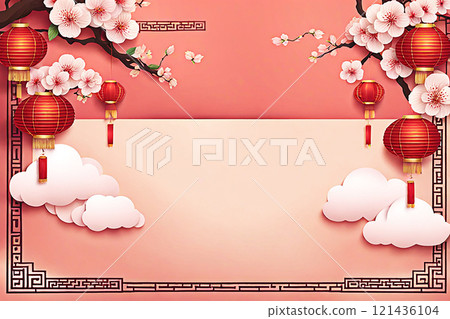 Chinese new year background banner with Chinese paper lanterns,peach blossom, peony,red tone. 121436104