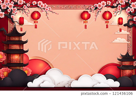 Chinese new year background banner with Chinese paper lanterns,peach blossom, peony,red tone. Chinese new year background banner with Chinese paper lanterns,peach blossom, peony,red tone. 121436106