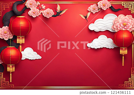 Chinese new year background banner with Chinese paper lanterns,peach blossom, peony,red tone. 121436111