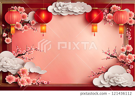 Chinese new year background banner with Chinese paper lanterns,peach blossom, peony,red tone. Chinese new year background banner with Chinese paper lanterns,peach blossom, peony,red tone. 121436112