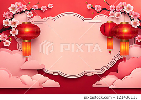Chinese new year background banner with Chinese paper lanterns,peach blossom, peony,red tone. 121436113