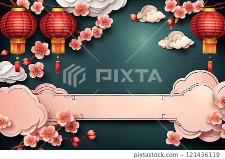 Chinese new year background banner with Chinese paper lanterns,peach blossom, peony,red tone. 121436119