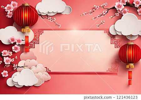 Chinese new year background banner with Chinese paper lanterns,peach blossom, peony,red tone. 121436123