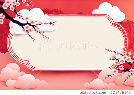 Chinese new year background banner with Chinese paper lanterns,peach blossom, peony,red tone. 121436142