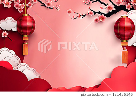 Chinese new year background banner with Chinese paper lanterns,peach blossom, peony,red tone. 121436146