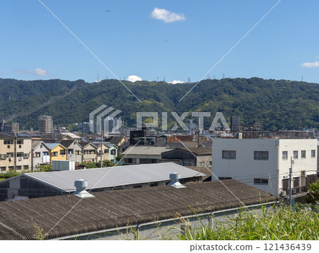 從大和川堤道看到的城市和山景 從大和川堤道看到的城市和山景 121436439