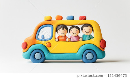 3D illustration of a cute colorful bus in clay model style 3D illustration of a cute colorful bus in clay model style 121436473