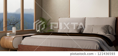 The interior design of a modern, elegant bedroom features a comfortable bed and sleek decor. 121436593