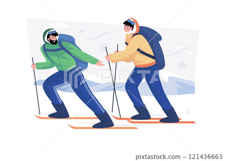 Ski instructor teaching beginners to ski. 121436663