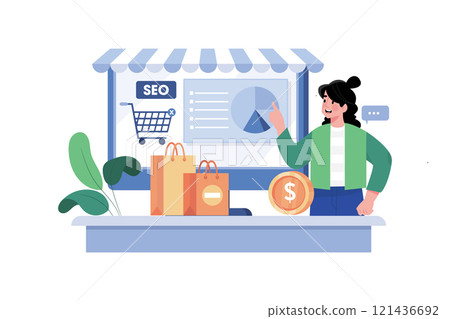 E-commerce marketer optimizing product pages for SEO. 121436692