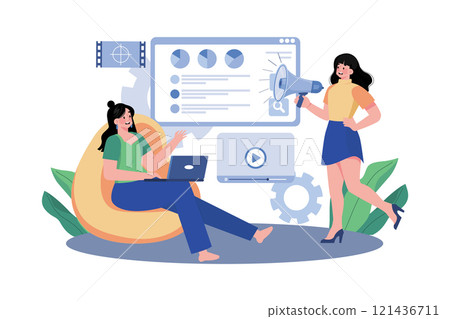 Social media manager coordinating campaigns. 121436711