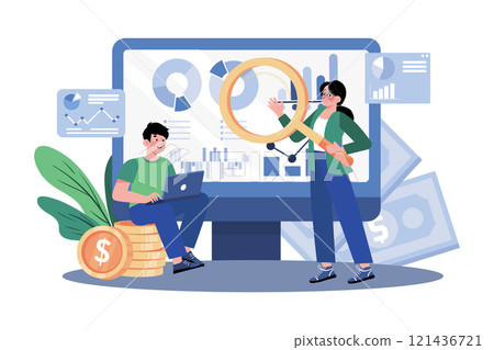 Finance team member analyzing financial data. 121436721