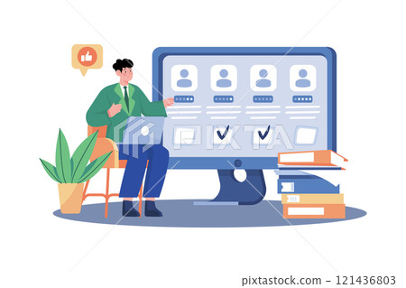 Employers evaluate employee performance through reviews and feedback. 121436803