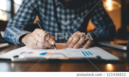 Close-Up of Hands Analyzing Graphs and Writing in a Warm Workspace 121436812