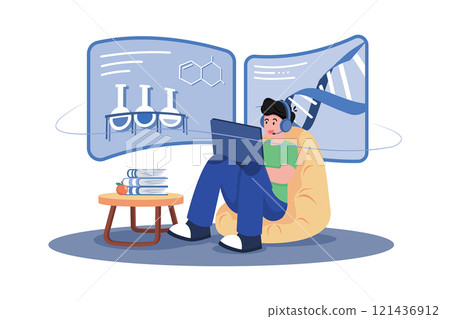 A student watches an educational video for a science class. A student watches an educational video for a science class. 121436912