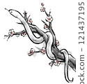 Ink painting of a snake coiling around a plum tree. Monochrome. Year of the Snake. New Year's card. 121437195