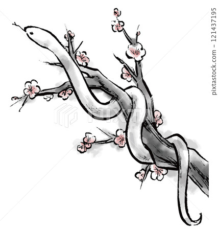 Ink painting of a snake coiling around a plum tree. Monochrome. Year of the Snake. New Year's card. Ink painting of a snake coiling around a plum tree. Monochrome. Year of the Snake. New Year's card. 121437195