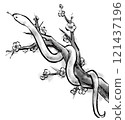 Ink painting of a snake coiling around a plum tree. Monochrome. Year of the Snake. New Year's card. 121437196
