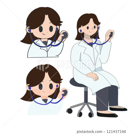 Illustration set of a female doctor sitting with a stethoscope and examining a patient Illustration set of a female doctor sitting with a stethoscope and examining a patient 121437198