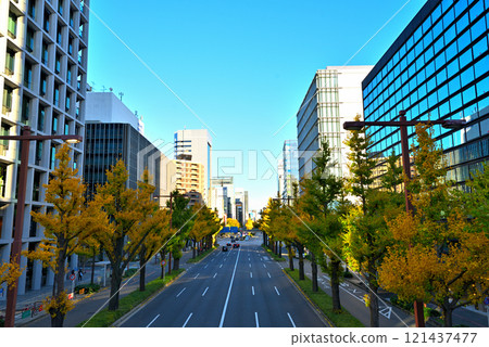 [愛知縣]名古屋市景，秋天的櫻花街，一排排黃葉的銀杏樹 121437477