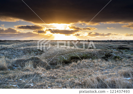 Panoramic view of meadow field with melting snow and sunrise scene on Iceland Panoramic view of meadow field with melting snow and sunrise scene on Iceland 121437493