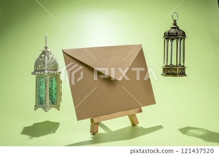 Wooden easel and envelope with Arabic lanterns hanging on a colored background 121437520