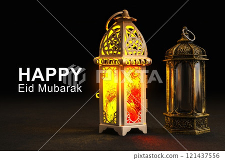 Arabic lanterns on a black background. Decoration for Muslim holidays celebration 121437556