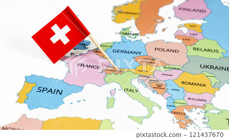 A map of Switzerland with the national flag of Switzerland on it. The flag is a white cross in the center of a square red field 121437670