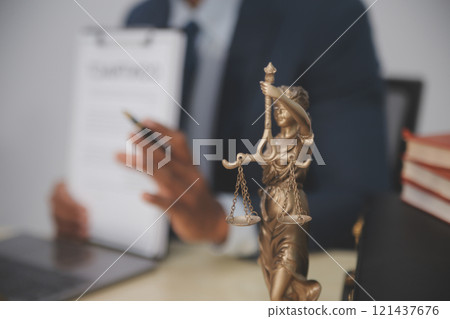 Law theme, gavel or mallet of the judge, lawyer enforcement officers, evidence-based cases taken into account in the court abount business, legislation. 121437676