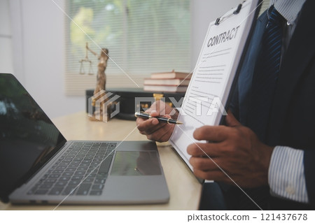 Law theme, gavel or mallet of the judge, lawyer enforcement officers, evidence-based cases taken into account in the court abount business, legislation. 121437678