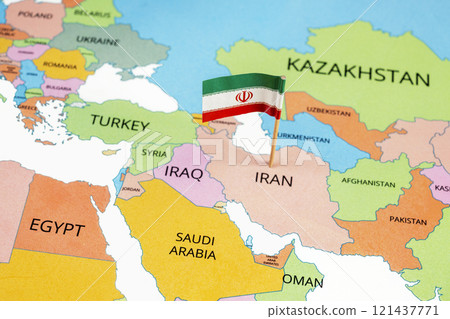 A map of Iran with the national flag of Iran on it. The flag is green, white, and red tricolor. Along the stripes' edges is the Takbir and in center is national emblem 121437771