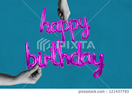 A human hand holding a balloon with the text of Happy Birthday on a colored background A human hand holding a balloon with the text of Happy Birthday on a colored background 121437793