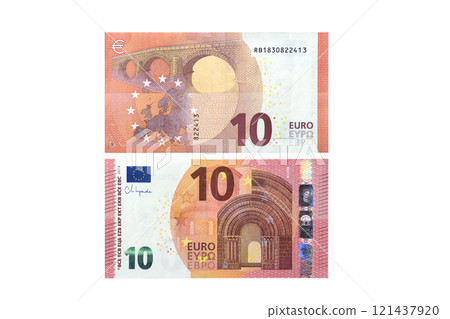 Top view of two sides of ten euro banknote cash isolated over white background 121437920