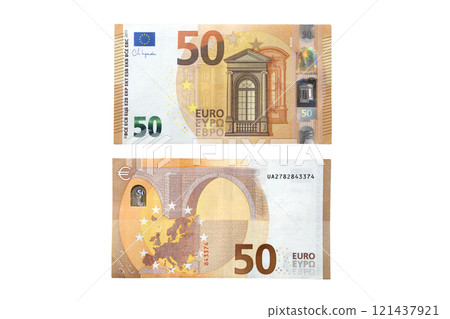 Top view of two sides of fifty euro banknote cash isolated over white background 121437921