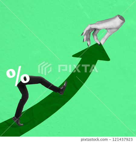 Business feet with a percentage symbol walking on a green arrow 121437923