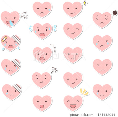 Set of cute heart character illustrations with various facial expressions in sticker style Set of cute heart character illustrations with various facial expressions in sticker style 121438054