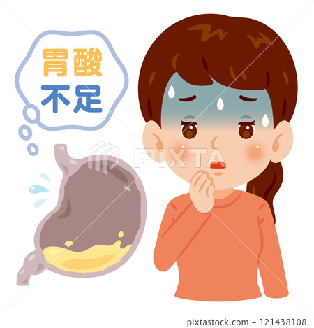 Illustration of a woman with insufficient stomach acid 121438108