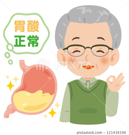 Illustration of a senior man with normal stomach acid 121438198