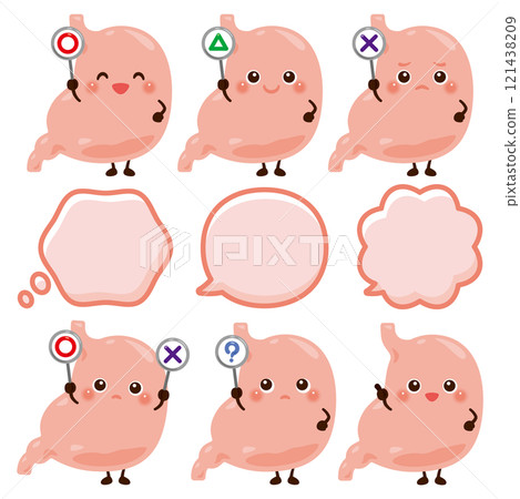 Stomach character holding a circle, square or triangle card Stomach character holding a circle, square or triangle card 121438209
