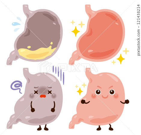 Illustration of a stomach character with insufficient stomach acid and a healthy stomach character 121438214