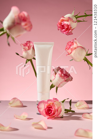 A white cosmetic tube without label featured in center, against on pink background from frontal shot. Fresh rose flower decorated around and rose petals scattered on the floor 121438310