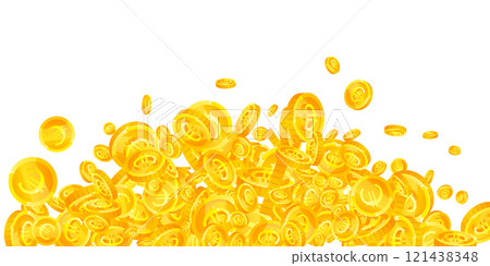 European Union Euro coins falling. Scattered gold EUR coins. Europe money. Jackpot wealth or success concept. Wide vector illustration. 121438348