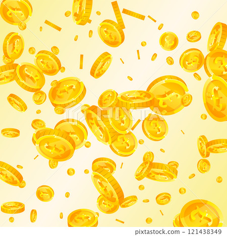 British pound coins falling. Scattered gold GBP coins. United Kingdom money. Global financial crisis concept. Square vector illustration. 121438349