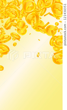 Indian rupee coins falling. Scattered gold INR coins. India money. Great business success concept. Vector illustration. 121438351